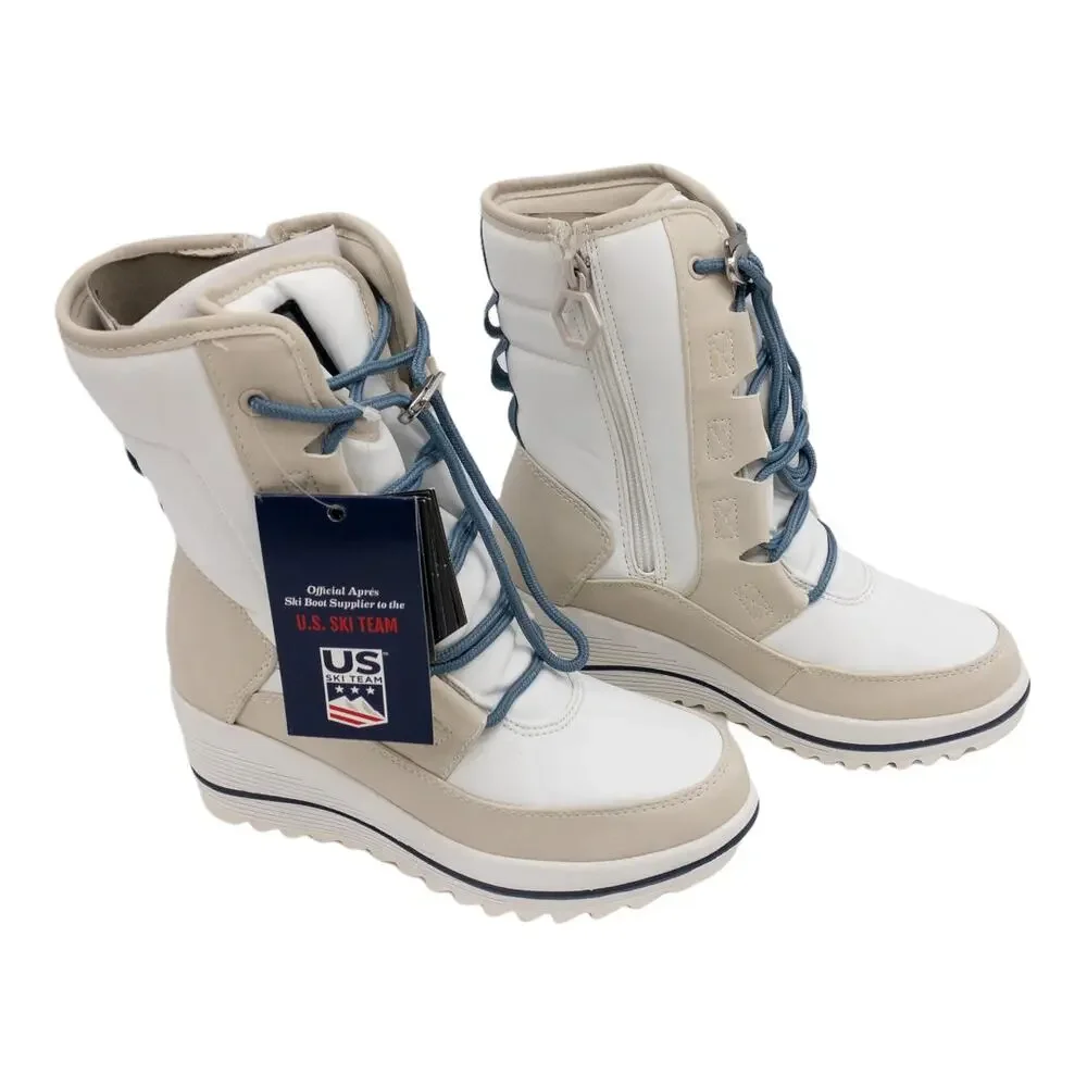 Khombu Waterproof Lace-Up Inside Zip Wedge Winter Boots Women's 6 White Tan
